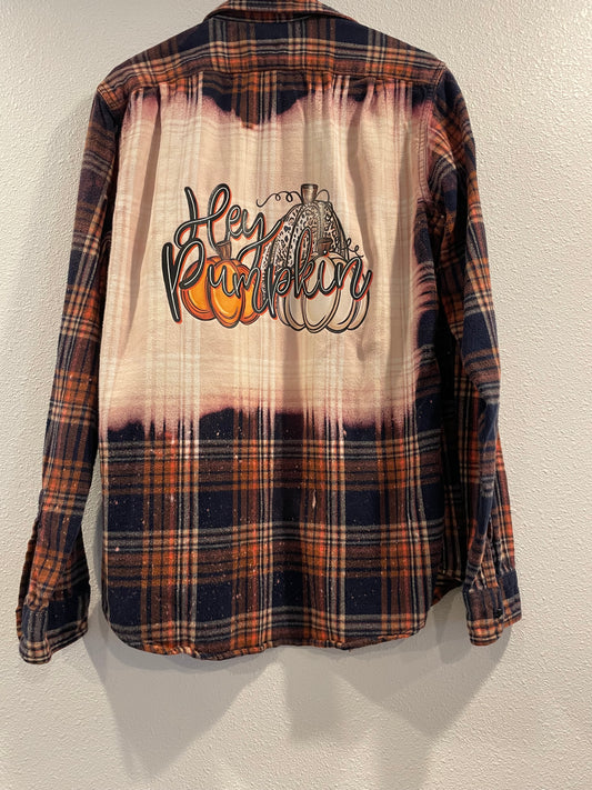 Medium Tall Upcycled Flannel- Hey Pumpkin