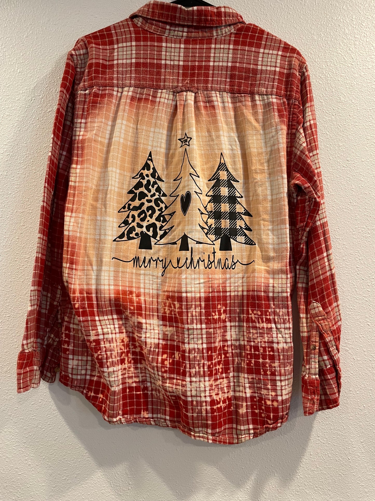 Medium Upcycled Flannel- Merry Christmas Trees