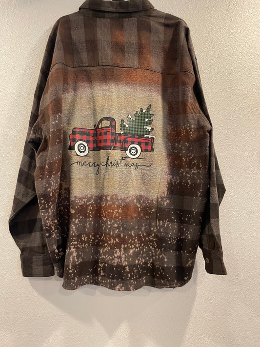 3XL Upcycled Flannel- Merry Christmas Truck