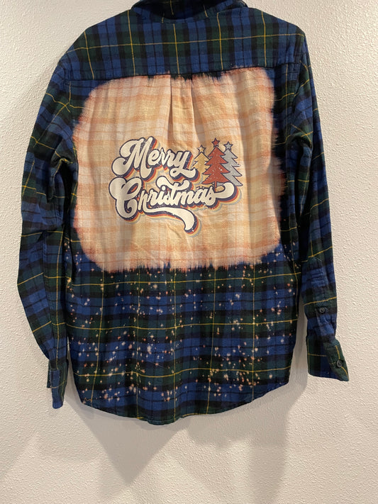 Medium Upcycled Flannel- Retro Merry Christmas