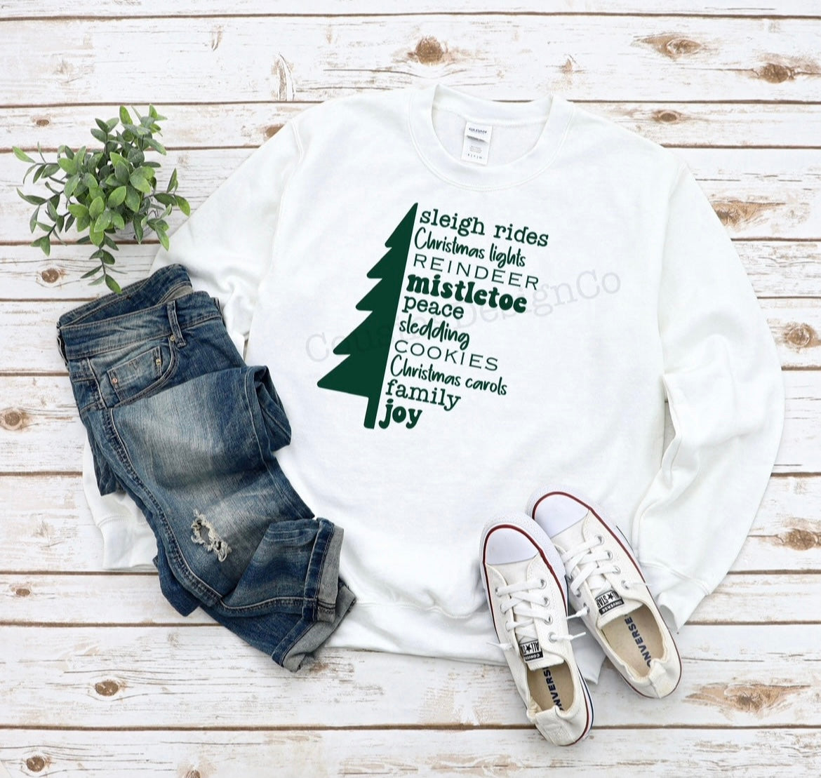 Large Green Tree Holiday Words Crewneck